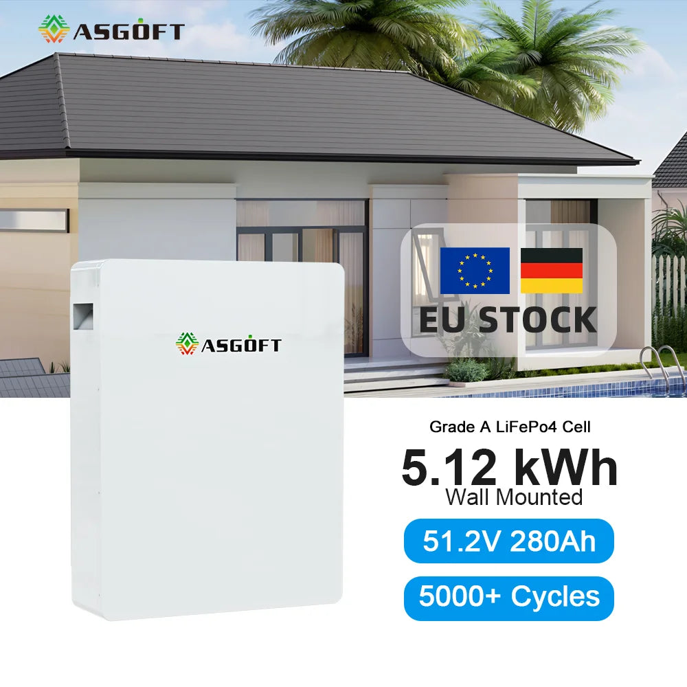 ASGOFT Lifepo4 Lithium Ion Battery 48V 51.2V 100Ah 5kWh 10kWh 15kWh Wall Mounted Powerwall Lithium Storage Energy Solar Battery