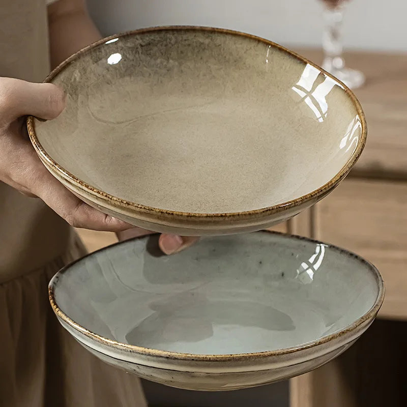 Dishwasher Microwave Safe Retro Style Handmade Irregular Stoneware Bowls Ceramic Bowls Plate for Cereal Soup Salad