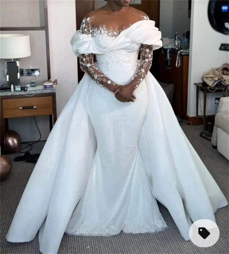 Mermaid Wedding Dress Luxury Detachable Train Long Sleeve Satin Bridal Gown