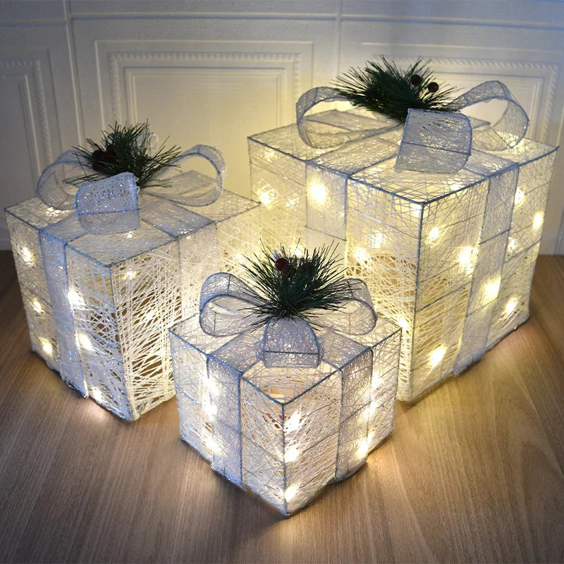 Hatty Wholesale Christmas Light Gift Box Set Decoration Custom Iron 3 Pcs Led Light Foldable Christmas Gift Boxes Set MegaBDM