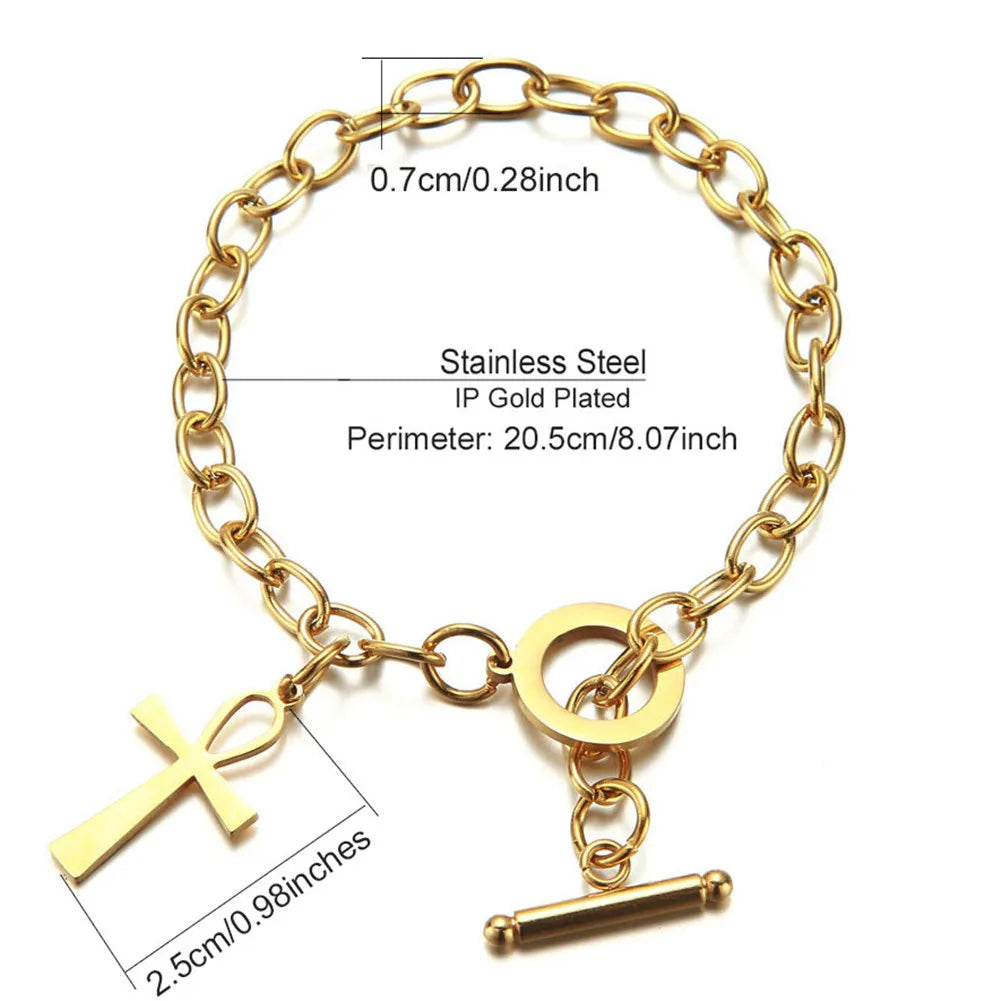 Stainless Steel Chain OT Clasp Toggle Bracelet Purse Dollar Symbol Ankh Charm Bracelet for Women Men Cross Jewelry