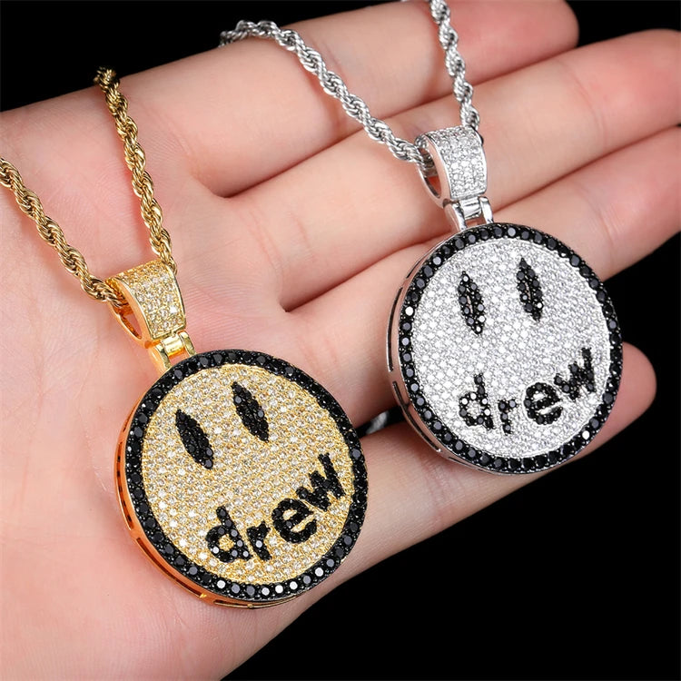 Hip Hop Gold Plated Smile Face Pendent Necklace Iced Out Full Diamond Round Shape Pendant Necklace for Men and Women