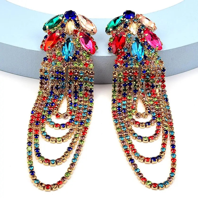 2025 New Arrival Bohemian Colorful Rhinestone Long Tassel Earrings Women's Earrings Party Statement Luxury Drop Earrings Jewelry