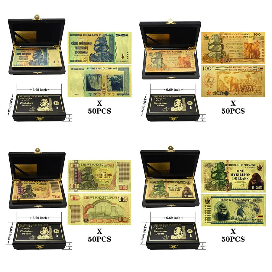 50pcs/box Waterproof Plastic Souvenir Gifts Zimbabwe Gold Foil Banknote Favorite Gift