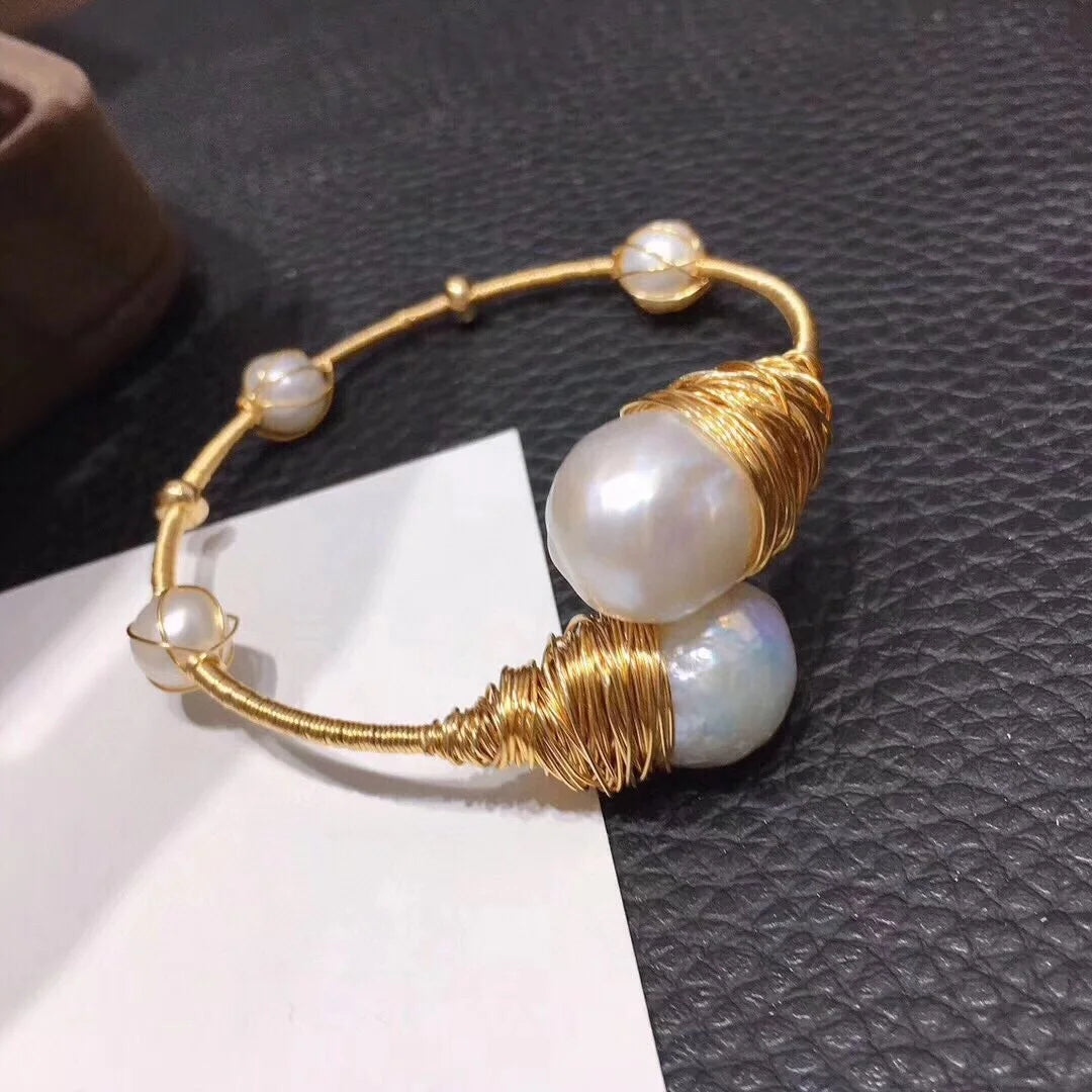 Haiyang Baroque Big Pearl Bracelet 14K Gold Plating Hand Knitted Hawaiian Pearl Jewelry for Gifts and Parties