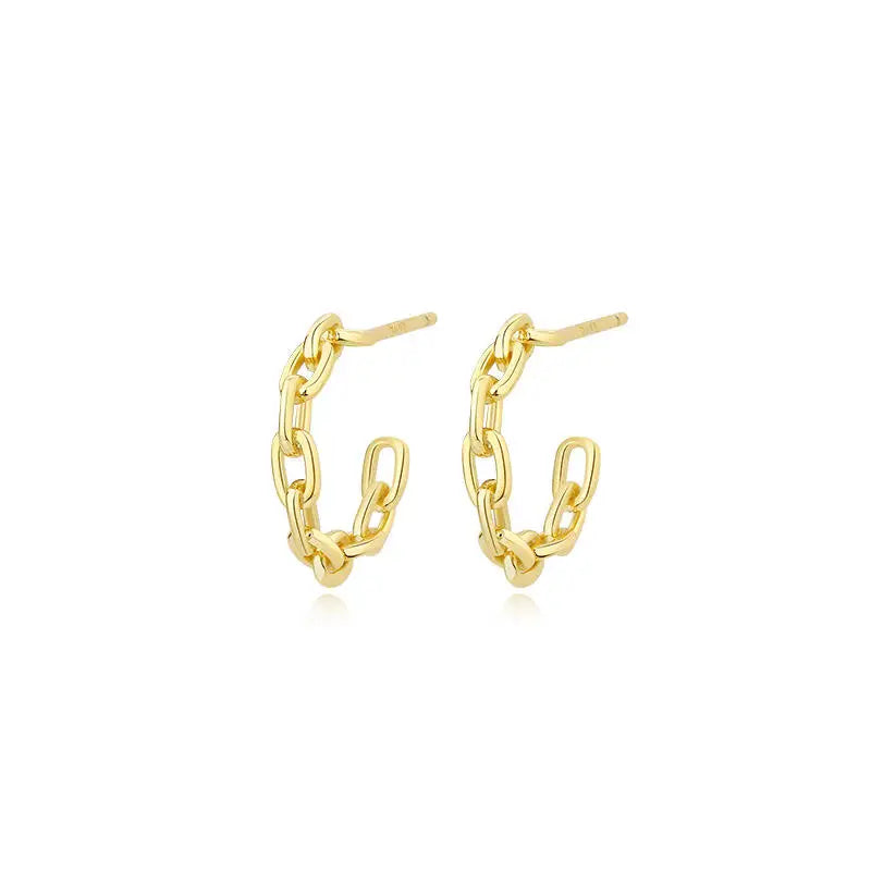 C-Shape Cute Minimalist Design 925 Sterling Silver Women's Stud Earrings Gold Plated Fashion Chain Link Engagement Party