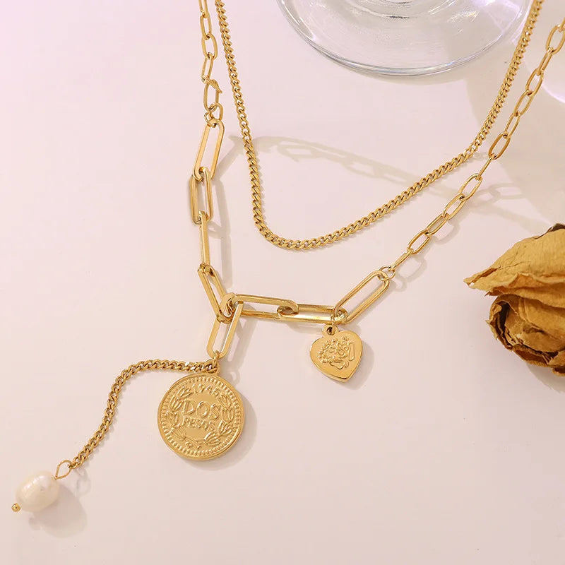 Fashion Stainless Steel 18k Gold Double Layer Portrait Round Brand Peach Heart Pearl Pendant Necklace Colier Pour Femme