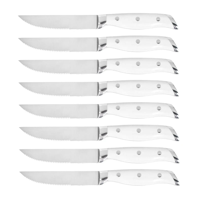 8 Pcs 4.5 Inch 5CR15MOV Stainless Steel Ambidextrous High-Polish Finish Kitchen Knife Meat Cutting Blade POM Handle Steak Knife