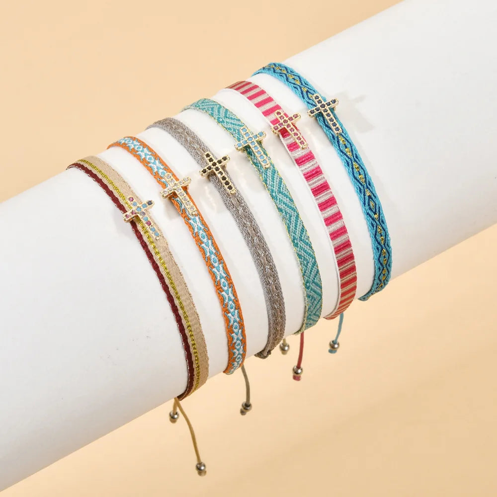 Hot Sale Vintage Ethnic Style Hand-Woven Hand Rope Bohemian Crushed Diamond Cross Braided Strings Bracelet for Women