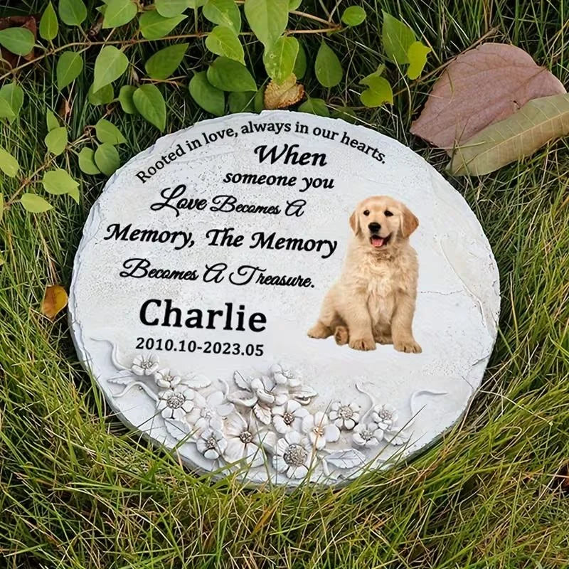 Pet Memorial Plaque Resin Hand-Painted Photo Engraving Floral Design Including Name Birth Death Years Outdoor Model