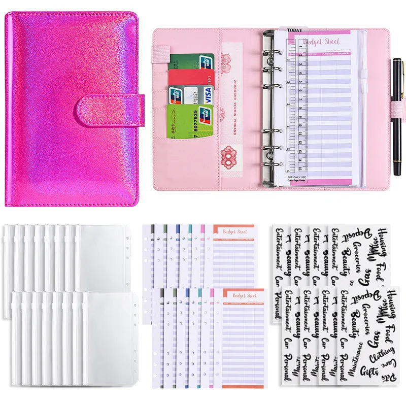 A6 PU Leather Notebook Journal 6 Ring Binder Planner Glitter Cover Budget Binder With Cash Envelopes Notebook for Girls