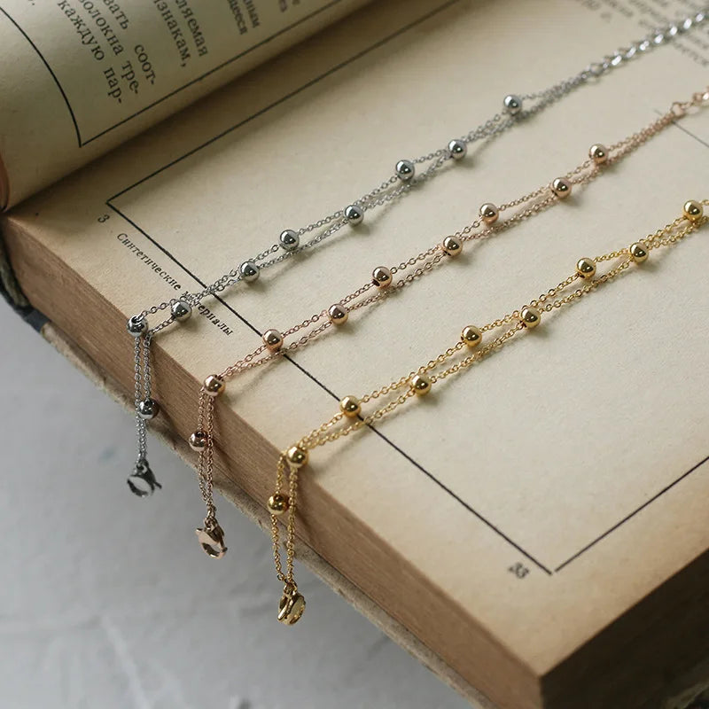 Moge Bileklik Gold Plated Stainless Steel Layered Rose Gold 4mm Beaded Ball Chain Woman Fine Jewelry Bracelets