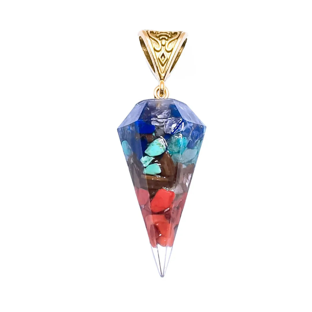 Wholesale 7 Chakra Natural Stone Gravel Resin Cone  Hexagonal Pendant Necklace Crystal Healing Orgonite Pendant Necklace