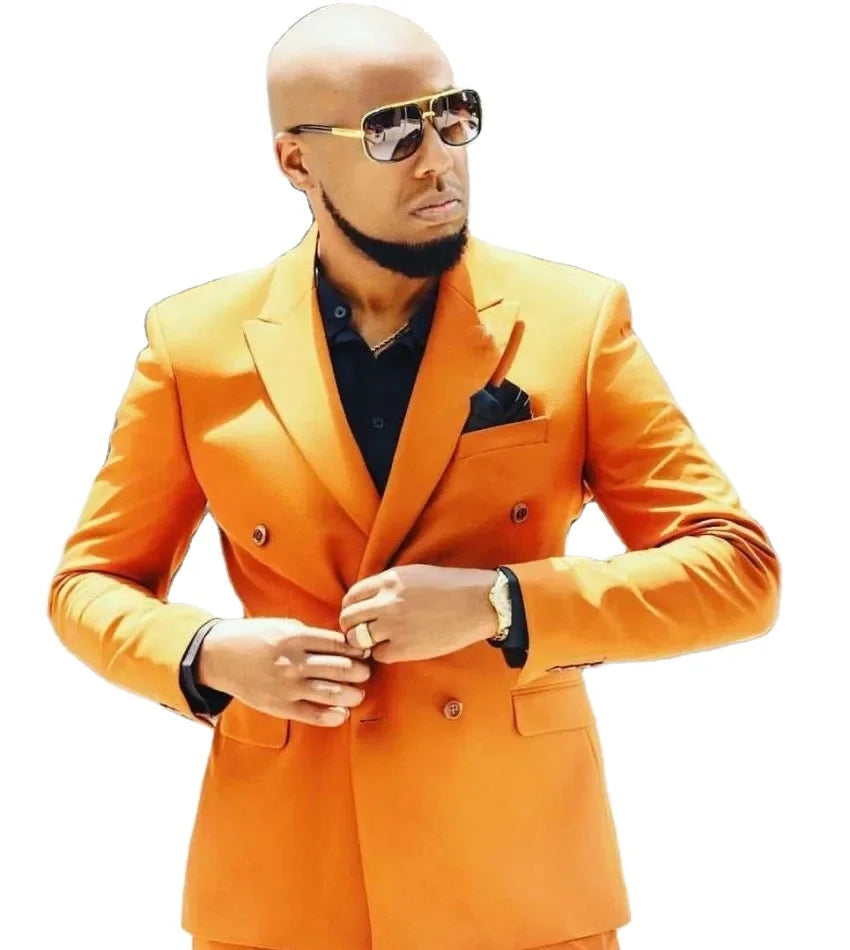 Brand New Orange Groom Tuxedos Double-Breasted Men Wedding Tuxedo Men Jacket Blazer Men Prom Dinner Party Suit Jacket Pants Set