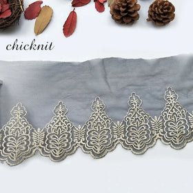 8.2cm Wide Black Gold Embroidered Silver Thread Netting Chiffon Lace Sewing Ribbon for Dress&Clothing&Hat&Silk