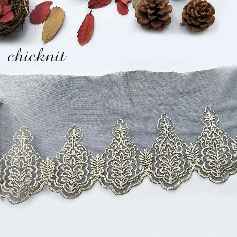 8.2cm Wide Black Gold Embroidered Silver Thread Netting Chiffon Lace Sewing Ribbon for Dress&Clothing&Hat&Silk