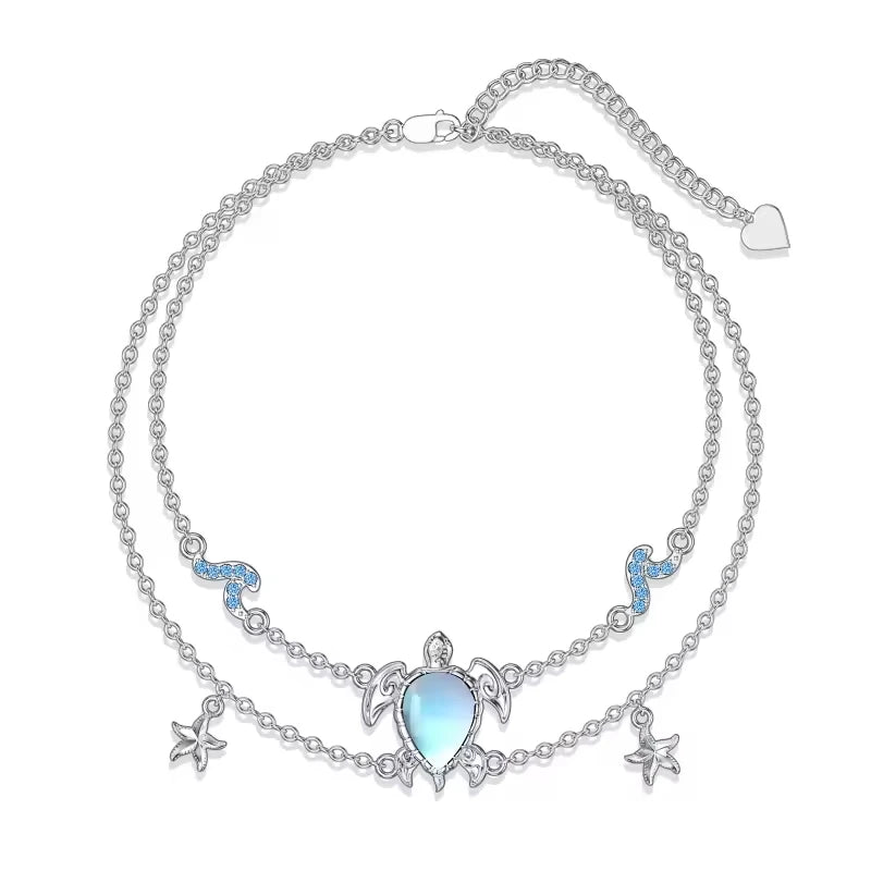 Ocean Theme 925 Sterling Silver Double Layer Chain Starfish Moonstone Sea Turtle Anklets
