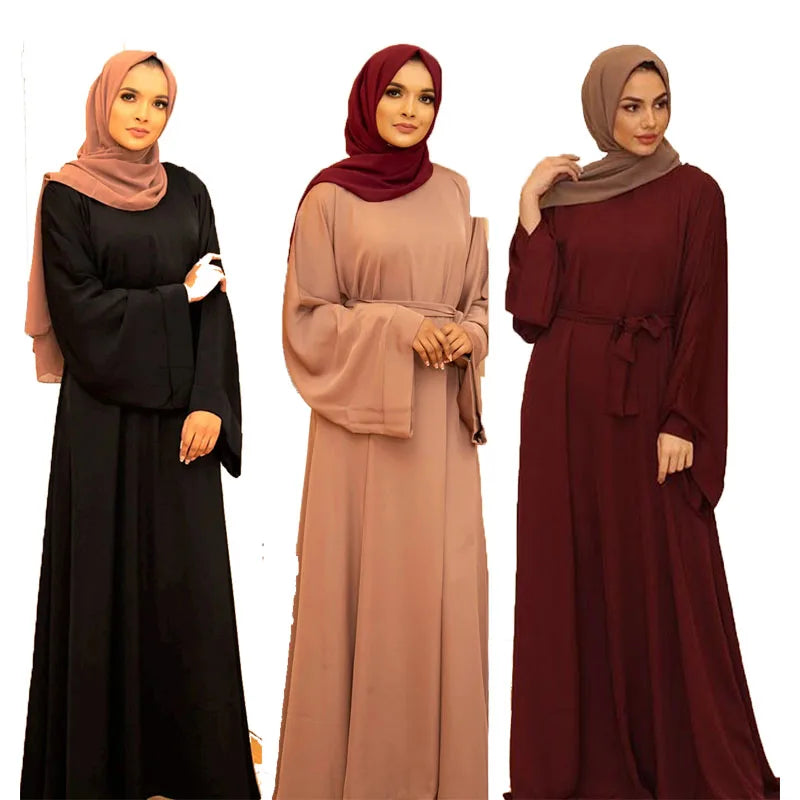 Customized Dubai Middle East Women's Traditional Muslim Dress-Solid Floor-Length Abaya Large Lace-Up Made Chiffon Natural Hot