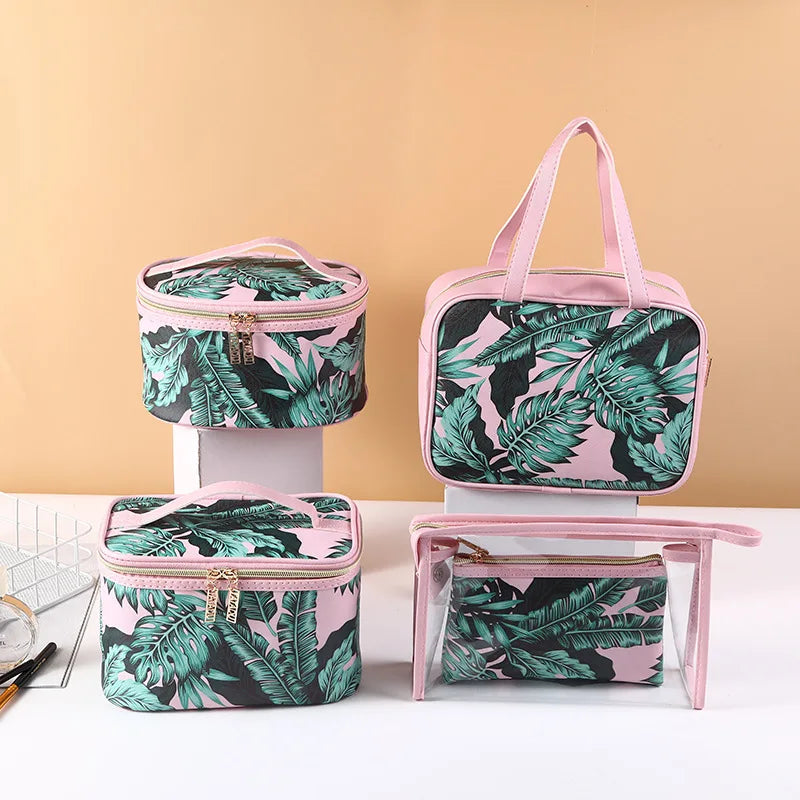 Wholesale pink Green Leaf Makeup Bag Trend Banana Leaf Large Capacity Waterproof PU Toiletries Storage Bag