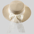 Yong Ladies Summer Beach Bucket Hat Knitted Woven Straw Sun Protection with Large Brim and Lace Bow