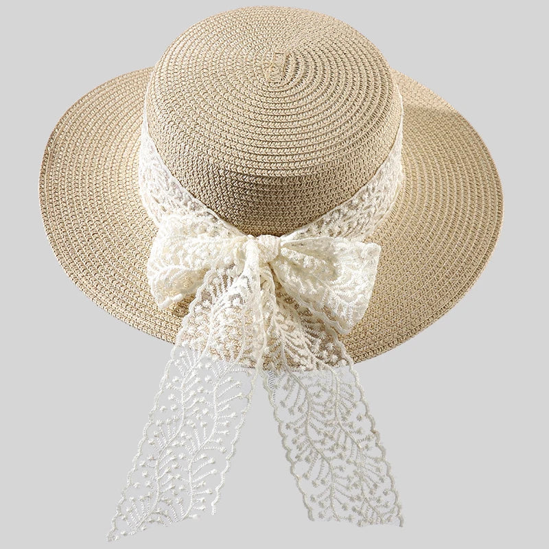 Yong Ladies Summer Beach Bucket Hat Knitted Woven Straw Sun Protection with Large Brim and Lace Bow
