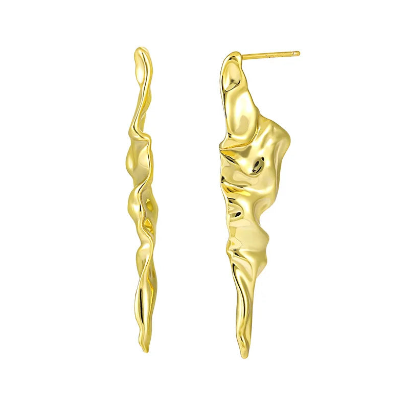 18K Gold Plated 925 Sterling Silver Polished Irregularity Wrinkle Long Stud Earrings for Women Wholesale