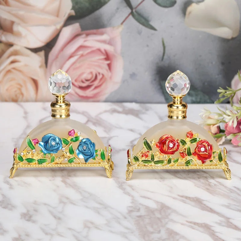 New 20ml Patented Half Round Rose Flower Metal Perfume Bottle Stones Essential Oil Refillable Attar Bottles Factory Outlet 20407
