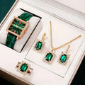 Women's Temperament New Crocodile Pattern Emerald Belt Square Quartz Watch+diamond Jewelry Set