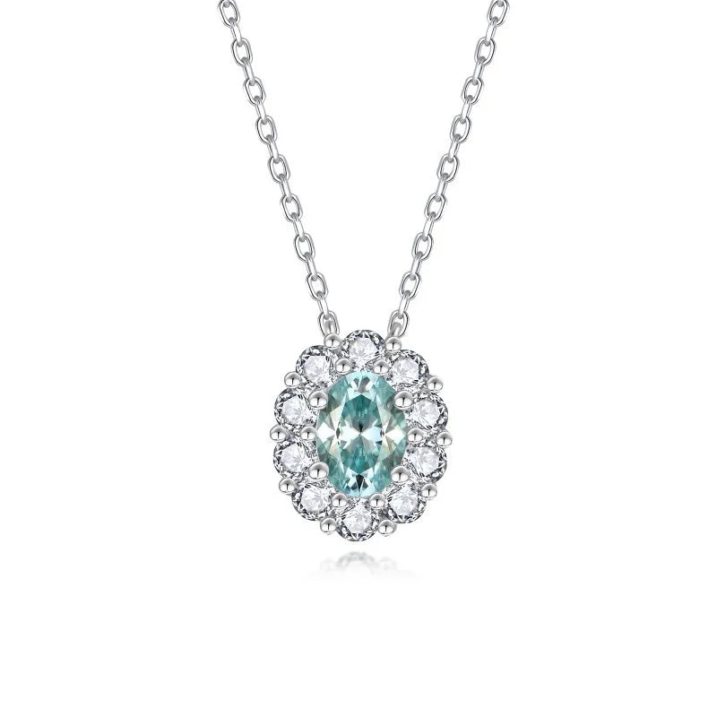 Platinum Plated 925 Sterling Silver Egg-Shaped Pendant Necklace 5*7mm Paraiba Blue Color Moissanite for Women