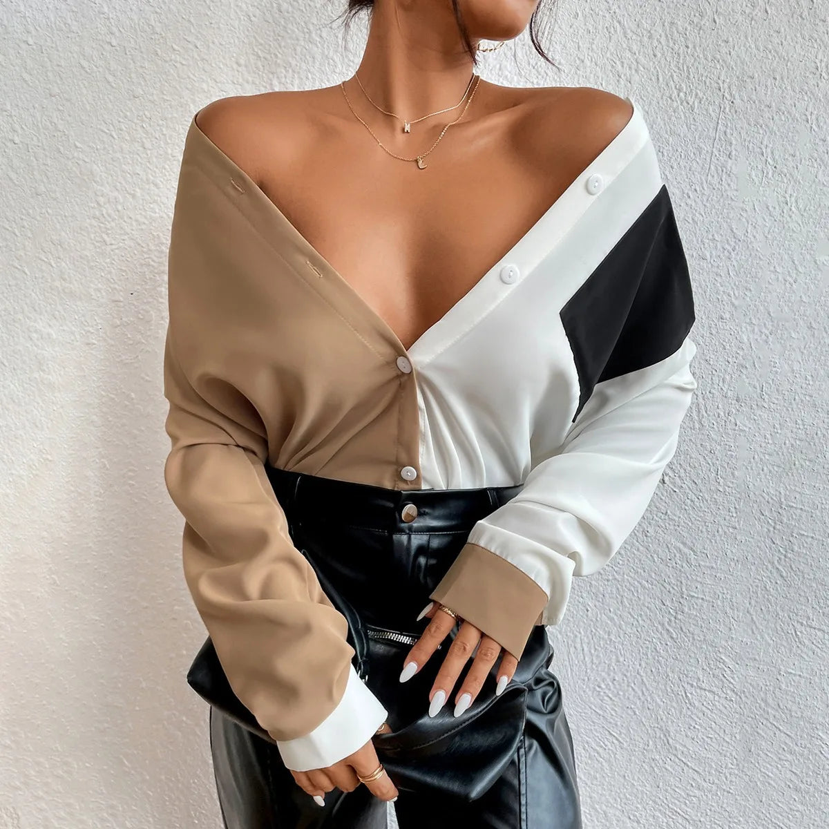 Fashion Color Blocking Long Sleeve t Shirts Blouse for Women Stylish