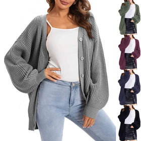 Women's Chunky Knit Open Front Sweater Long Sleeve Button Loose Short Cardigan Outerwear Coats