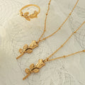 Fashion Elegant Bridal Gold Plated Stainless Steel Rose Flower Ring Necklace Sets for Women Jewelry