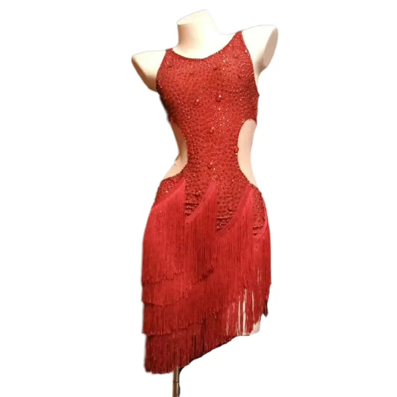 Fashion Sleeveless Hollow Out Red Rhinestone Fringes Bodycon Party Dress Ladies Tassel Latin Dance Dress Women Club Prom Dress