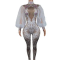 Fashion Print Puff Sleeve Rhinestone Bodysuit Dancing Clothes Stage Performance Wear Ladies Rompers Women One Piece Jumpsuits