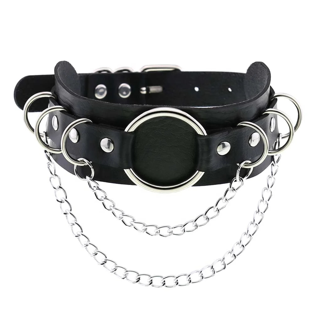 Punk Double Leather Choker Sexy Women Metal O Ring Collar Chain Bondage Necklace