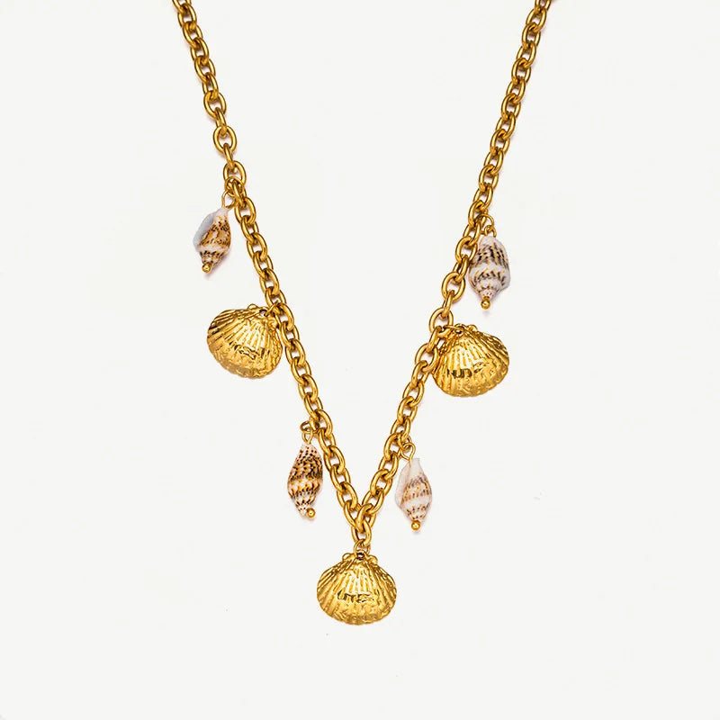 New Summer Beach Jewelry Stainless Steel 18k Gold Plated Real Shell Pendant Necklace for Women Waterproof Jewelry