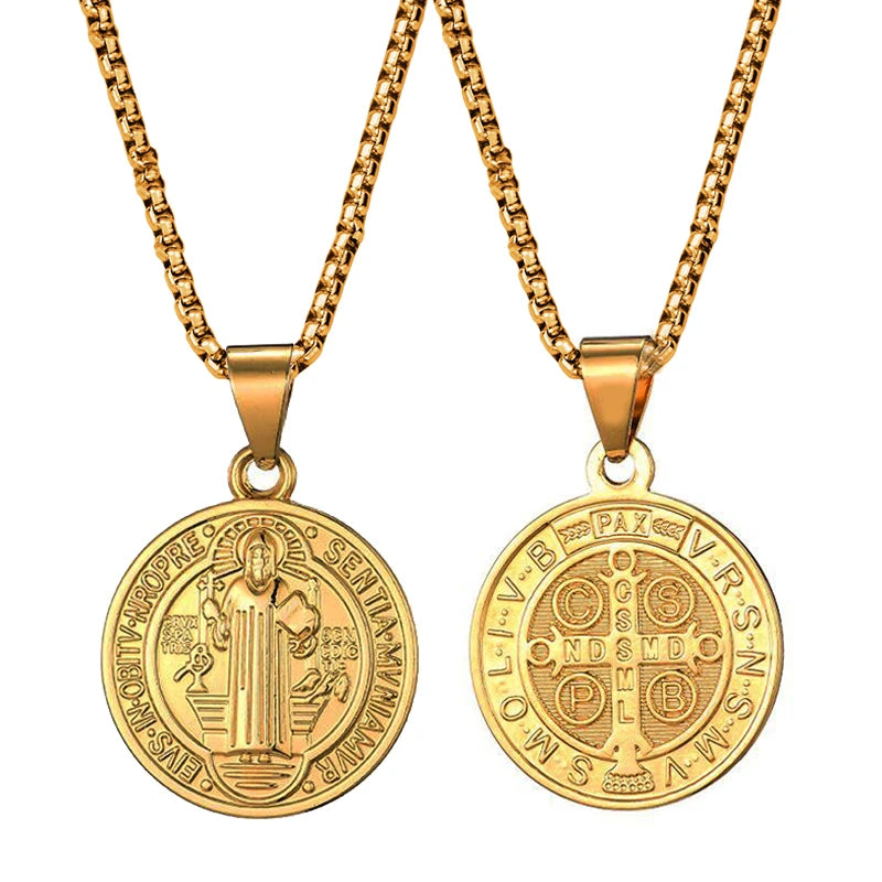 Men's St Benedict Exorcism Pendant Necklace Stainless Steel Catholic Roman Cross Protection Christian Religious Jewelry Necklace
