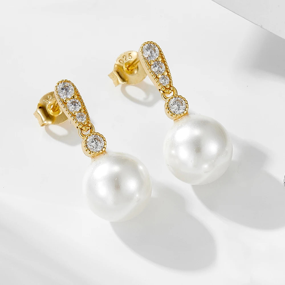 Aretes De Perla Simple Versatile Fashion 925 Sterling Silver Gold Plated Geometric Zircon Pearl Stud Earrings for Women Jewelry