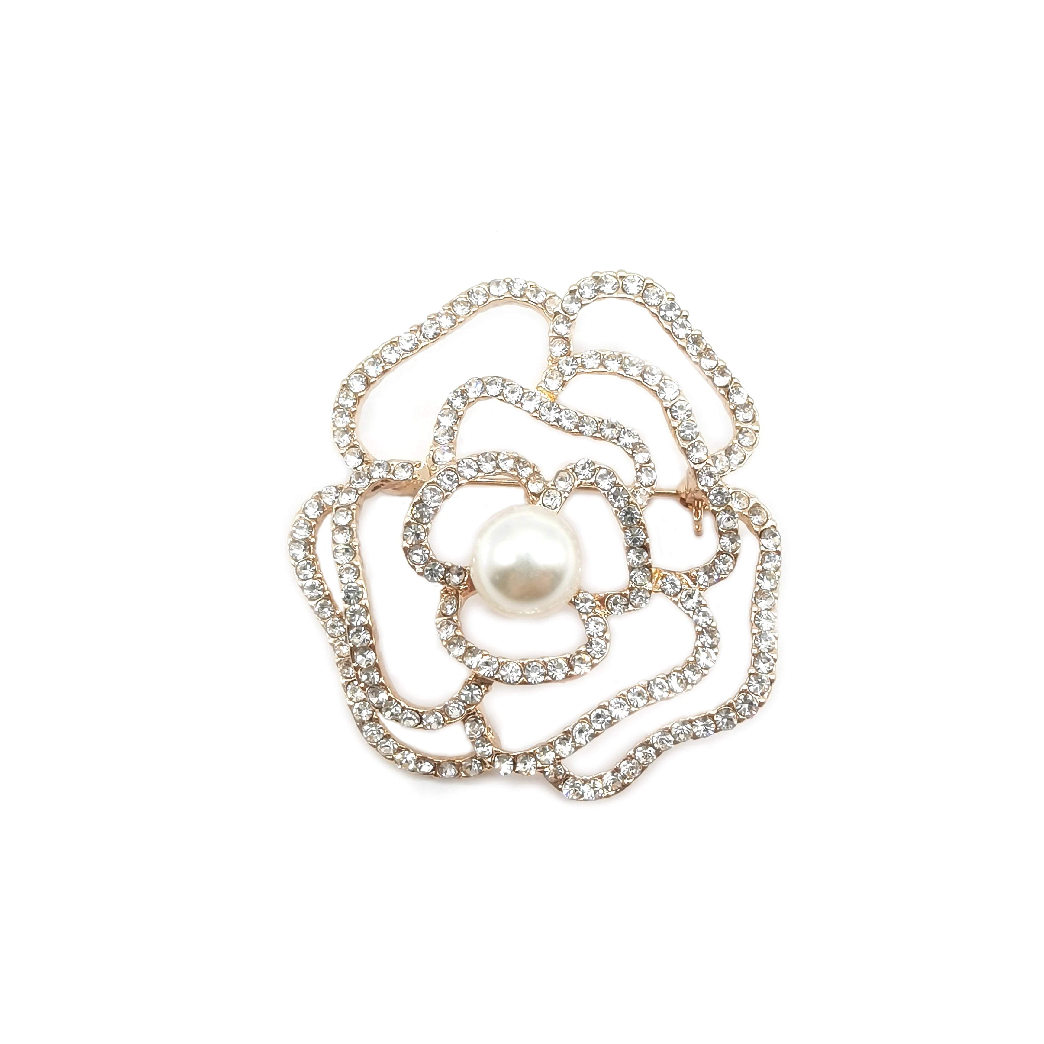 Elegant Gold Metal Rose Rhinestone Brooch Pin Decorative Rhinestone Pearl Brooch Wedding Bridal Brooches