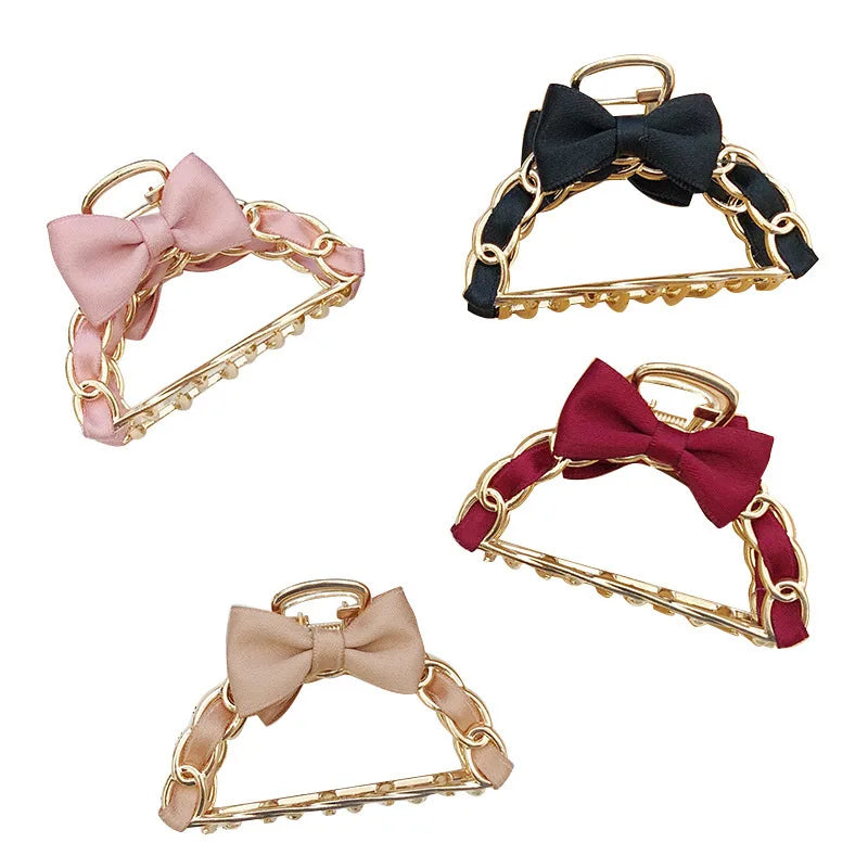 MIO Wholesale Simple Women Classical 7.5cm Hair Bow Clamp Colorful Butterfly Fabric Satin With Gold Chain Metal Clip Hair Claw