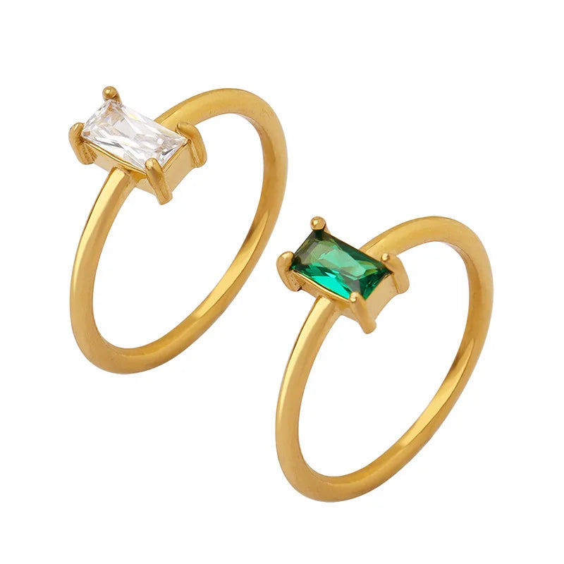 Joolim Stainless Steel Jewelry Wholesale 18K Gold Plated Green Clear Rectangle Zirconia Rings for Women Dainty Rings Non Tarnish
