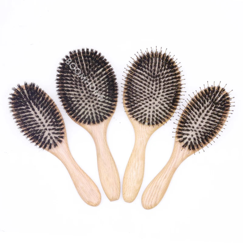 Professional Boar Bristle Hairbrush with Wooden Handle Cushion Nylon Paddle Laser Type for Detangling