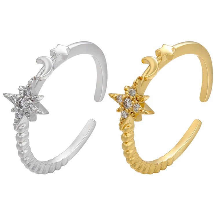 RM1481 Chic Minimal Tiny Crystal Gold Plated CZ Micro Pave North Star Crescent Moon Rings for Women Ladies Celestial Jewelry