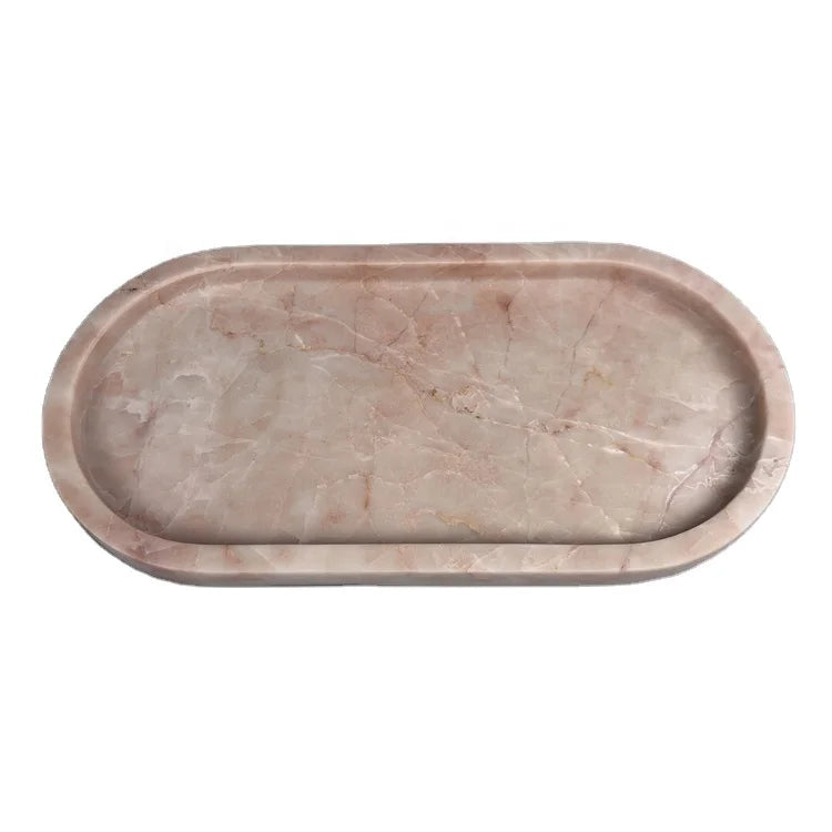 Pink Natural Marble Serving Tray Rounded Rectangle Plate Platter Serveware Solid Marble Jewelry Tray Hand-carved Collectible