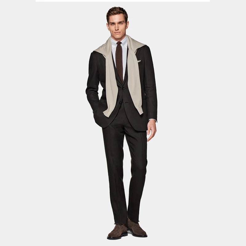 Spring New Dark Brown Linen Men's Single-breasted Suit