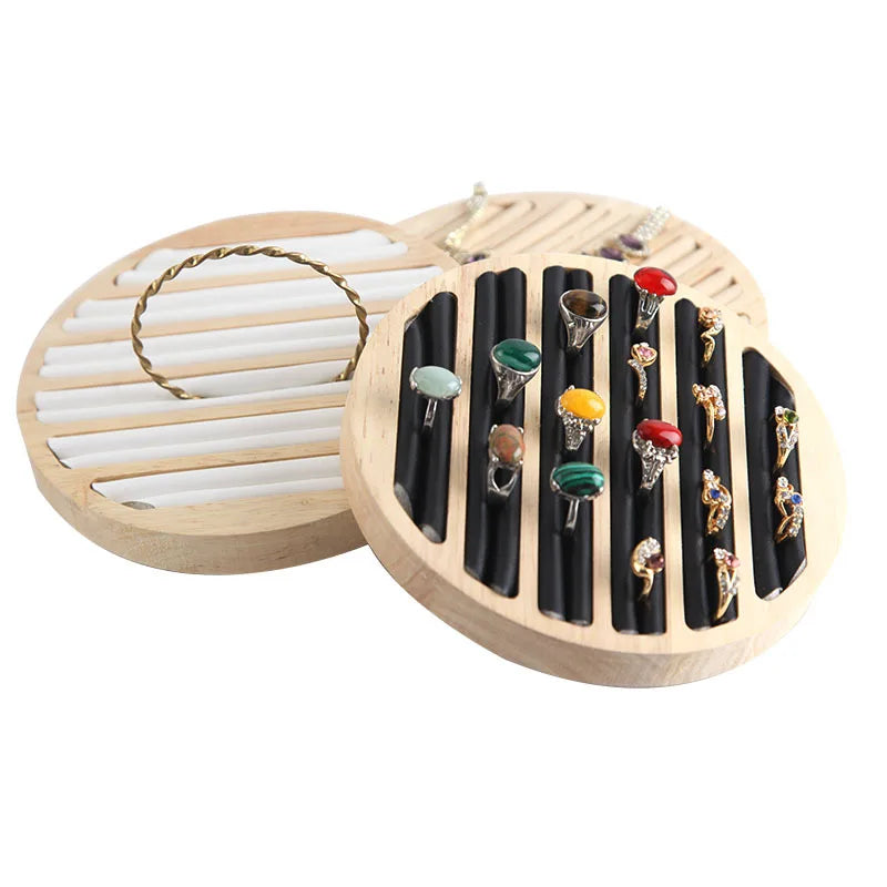 Leather Velvet Wood  Round Jewelry Rings Stud Earrings Display Tray Organizer Holder