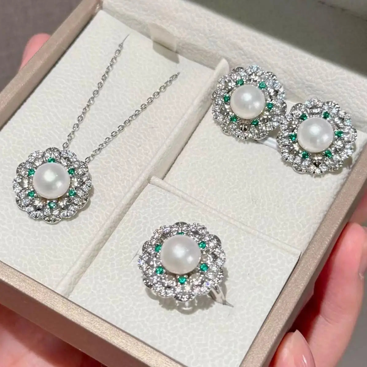 Emerald Broken Diamond Vintage Floral 8.5-9mm Natural Freshwater Pearl Necklace Ring Earring Set Three Piece Anniversary Rhodium
