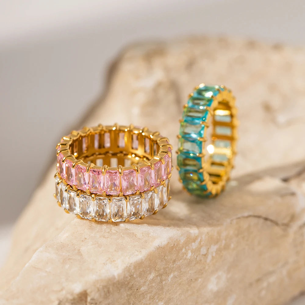 Waterproof Jewelry Stainless Steel Stacking Ring Colorful Full CZ Stone Cubic Zirconia Rings Wedding Women