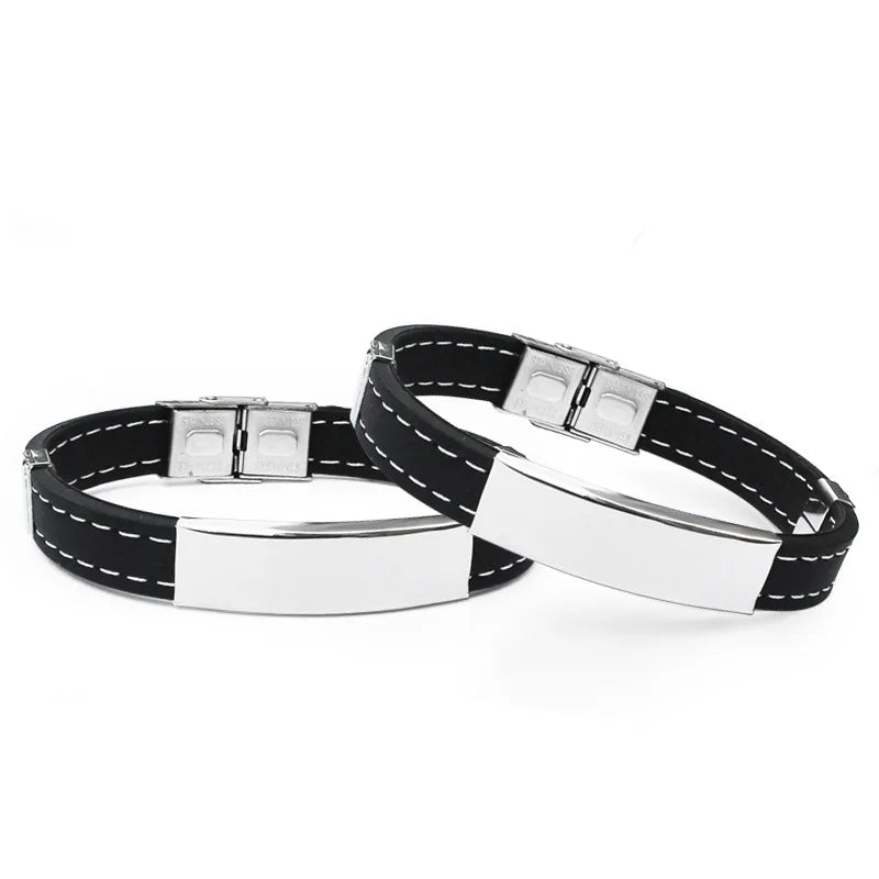 Latest Hip Hop Stainless Steel Black Silicone Bracelet Mens Casual Bracelet Bangle for Custom Logo Laser Engraving