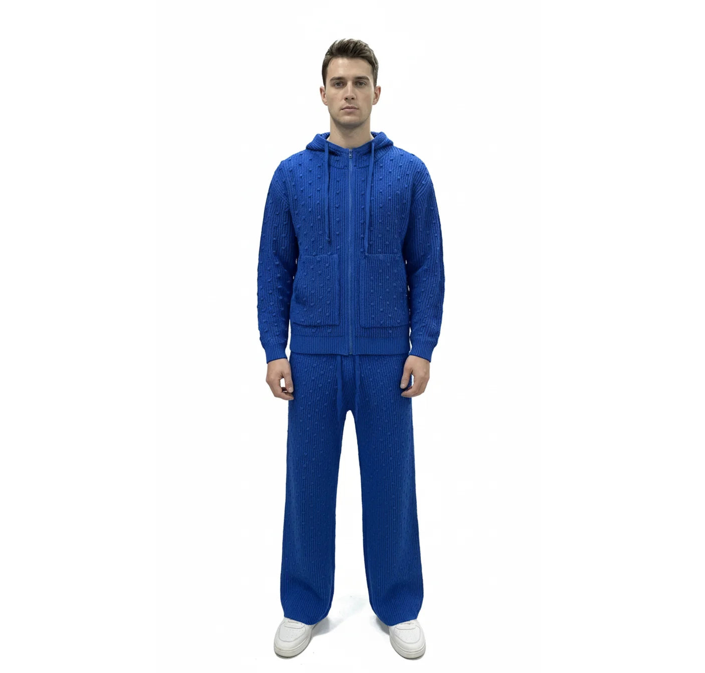 Bright Blue Popcorn Knit Pants Men Textured Bobble Stitch Lounge Trousers Matching Set